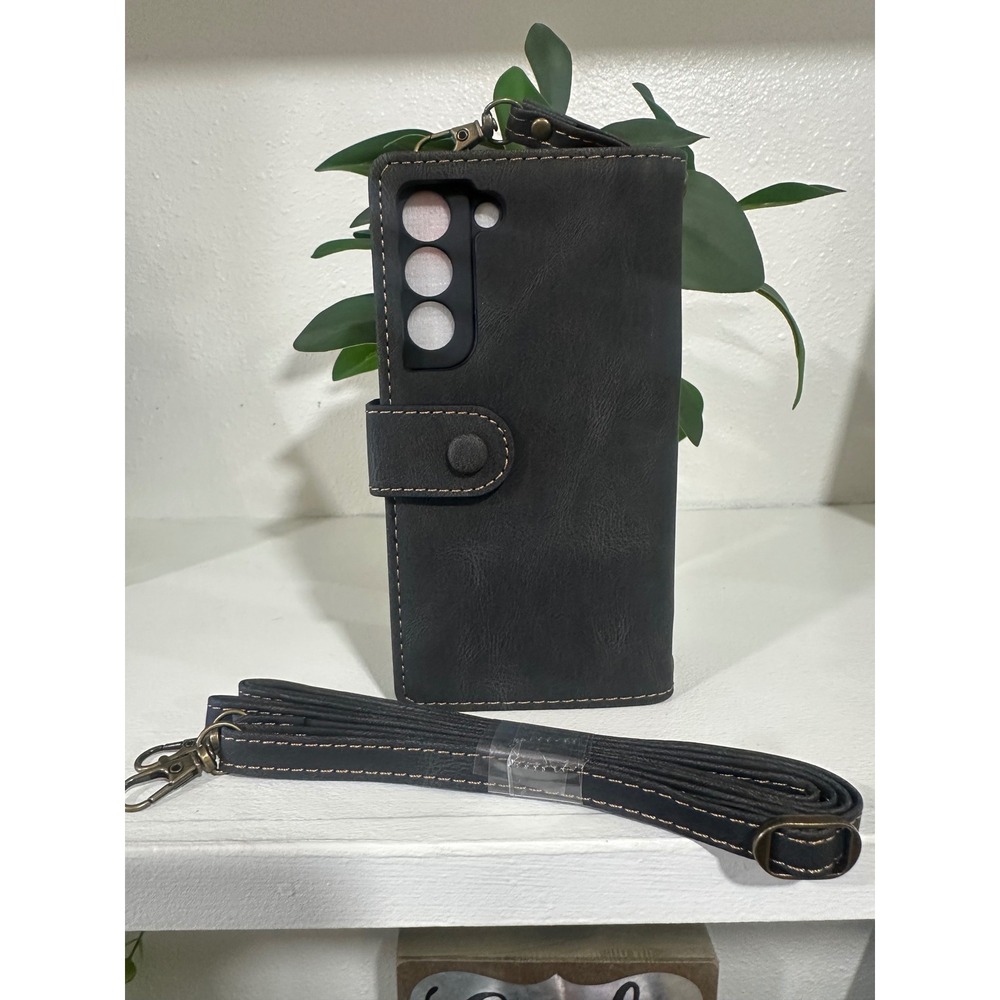Samsung S22 Wallet Case Black Leather‎ Flip Cover Card Holder Strap